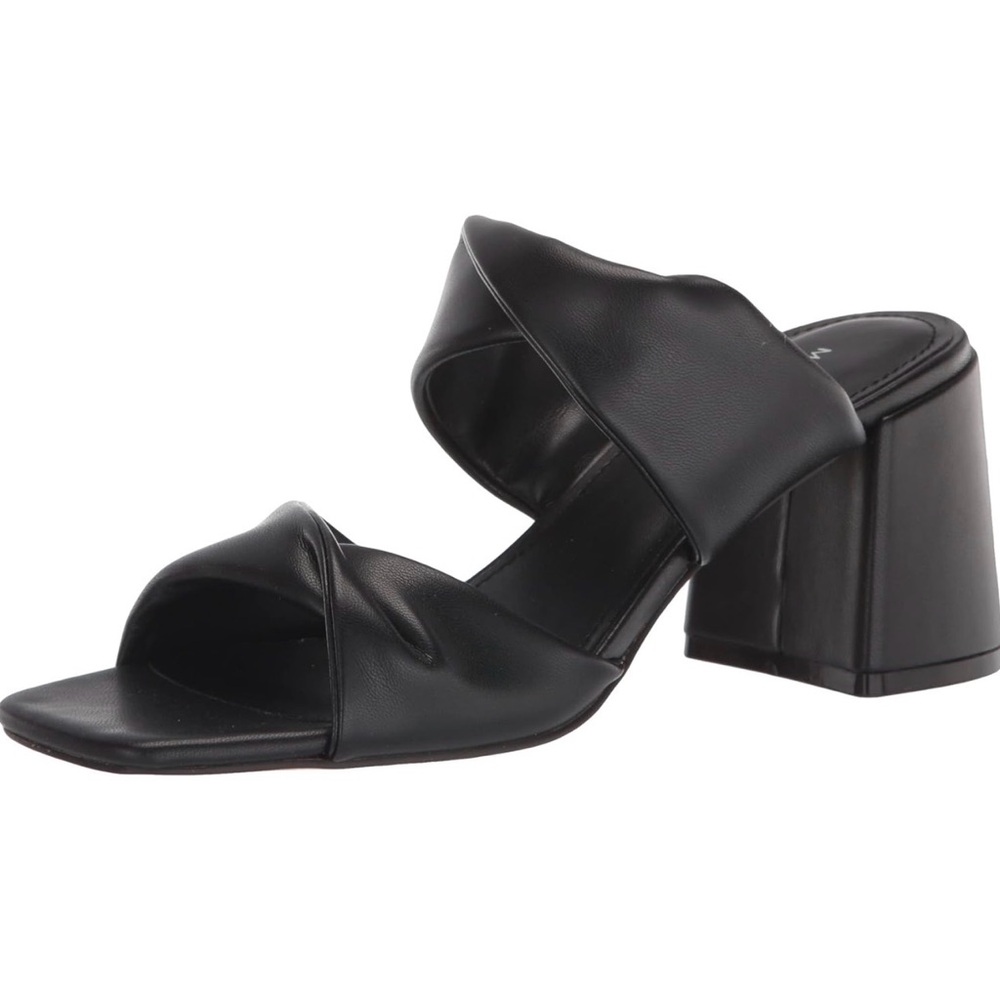 Marc Fisher Black Leather Twisted Strap Block Heel Sandal Kari